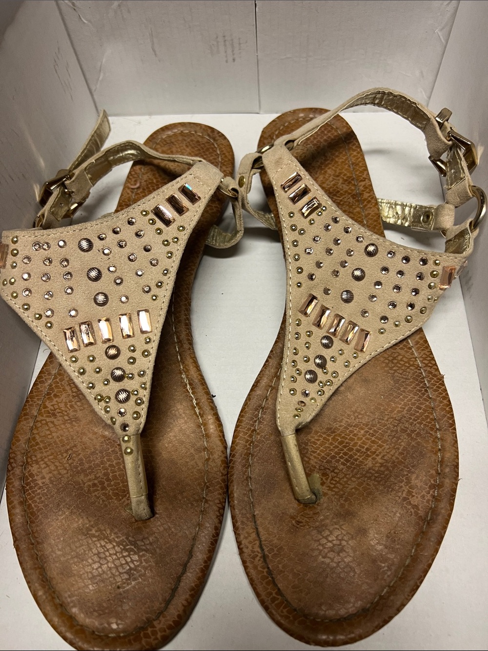 Beige Embellished T-Strap Women's Sandals